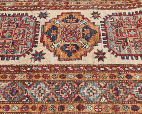 12 Feet Beige Kazak Afghan Hand Knotted Wool Runner Rug